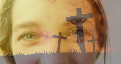 Adult woman reflecting double-exposure sunset with three crosses contemplative spiritual portrait