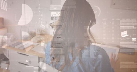 Businesswoman Analyzing Tablet with Digital Interface Overlay