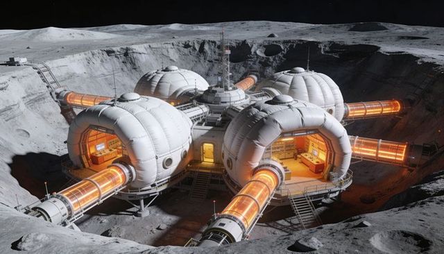 Inflatable moon base glowing in crater with modular domes and illuminated transit tubes
