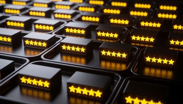 Displaying glowing five-star rating modules on glossy black grid conveying premium reviews