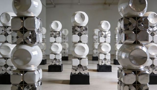 Stacking ceramic rings and chrome cubes into minimalist gallery columns with reflective monochrome g
