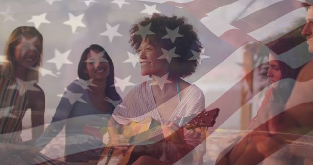 Friends Enjoying Beach Bonfire with Guitar and USA Flag Overlapping Image - Download Free Stock Images Pikwizard.com