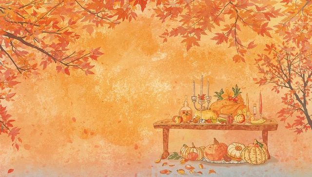 Featuring harvest table with roasted turkey, pumpkins, lit candles framed by autumn leaves