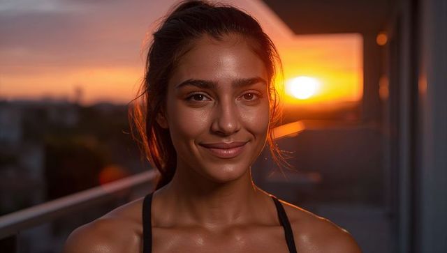 Sunset-lit athletic woman smiling on balcony after workout, golden hour urban fitness