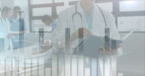 Physician holding patient chart with healthcare data overlay in hospital ward