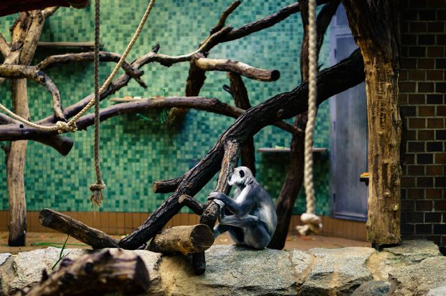 Langur monkey seen sitting in an artificial enclosure with branches and ropes for climbing. The environment has a textured mosaic background, indicating an indoor zoo habitat. Suitable for use in educational materials about wildlife, primates, and animal conservation, as well as in articles discussing life in captivity.