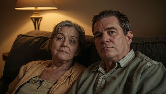 Mature couple sitting on couch at home, quietly reflecting under warm lamp light in evening