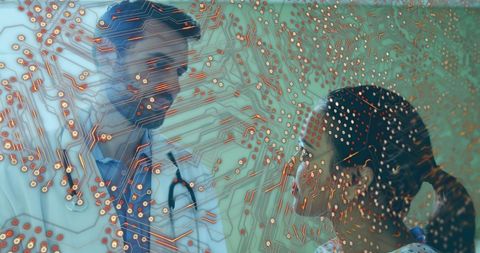 Healthcare meets technology: doctor and patient overlay with circuit pattern
