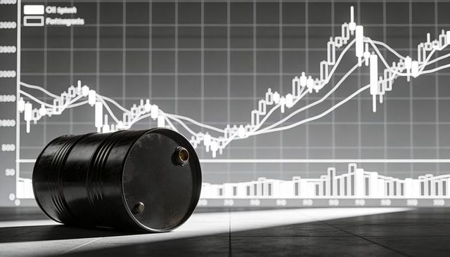 Black oil barrel representing commodity market volatility with candlestick stock chart background