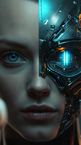 Lighting Shifting Revealing Cyborg Plating, Lens Activating, Hands Extending Vertical Tech Video