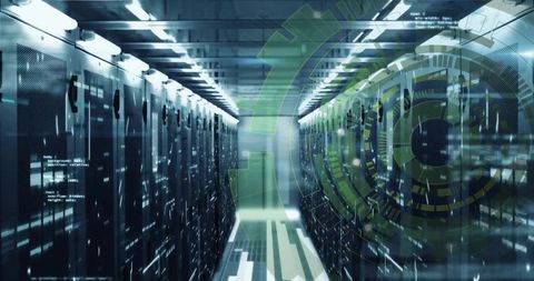 Futuristic Data Center Corridor with HUD Overlay, Server Racks and Vanishing Point