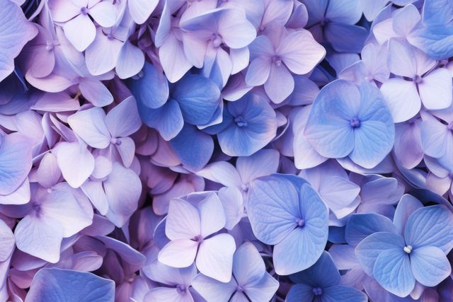 Full frame of blue and pink hydrangeas background, created using generative ai technology. Flower, nature, colour and wallpaper concept digitally generated image.