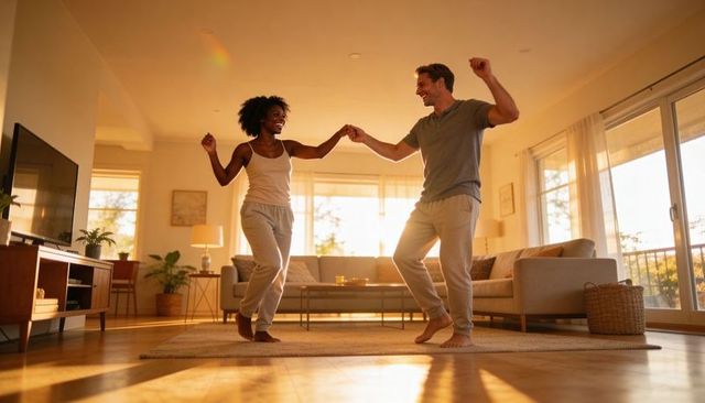 Sunlit living room couple dancing barefoot on rug at sunset, cozy home togetherness
