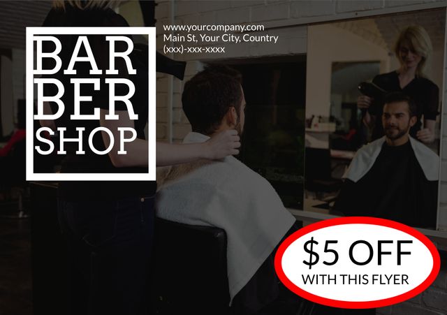 Barber shop promotion flyer template offering a $5 discount with the flyer. Great for small businesses to attract new customers and retain existing ones. Ideal for use in print and digital marketing campaigns, social media, and local business advertisements. Perfect for highlighting key business details and special offers to entice potential clients.