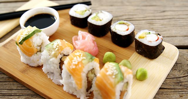 A variety of sushi rolls are presented on a bamboo board, accompanied by soy sauce, pickled ginger, and wasabi, with copy space. Sushi, a traditional Japanese dish, is enjoyed worldwide for its fresh flavors and artistic presentation.