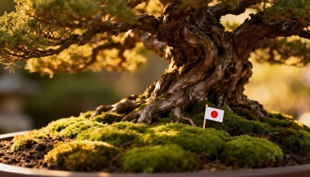 Sunlit bonsai with twisted trunk and mini japanese flag on mossy shallow pot composition