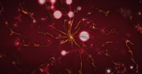 Radiating golden starburst sending amber tendrils across burgundy space with glowing orbs