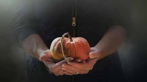 Hands holding unique orange pumpkin with atmospheric background