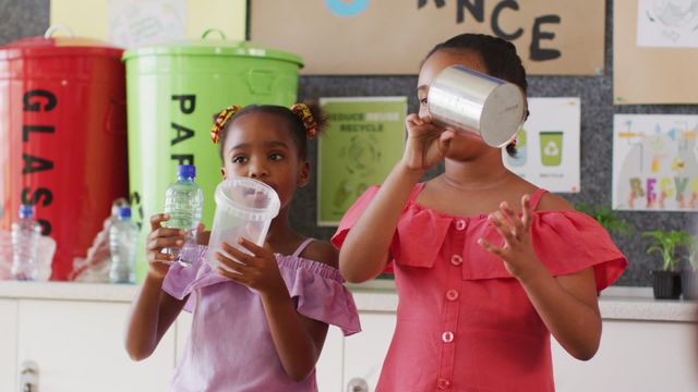 Two young diverse schoolgirls holding plastic containers, actively making a presentation on recycling in a classroom. Ideal for educational websites, environmental campaigns, school projects promoting awareness and teaching resources about sustainability and recycling.