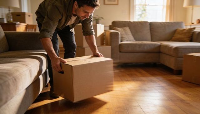 Man lifting moving box in sunlit living room during unpacking and home relocation