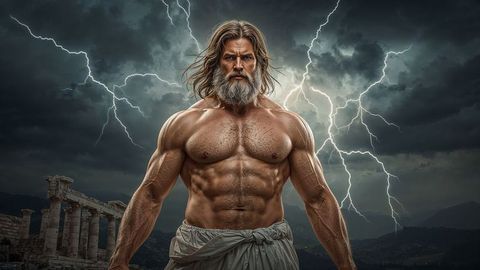 Epic pose of mythological character zeus amidst lightning