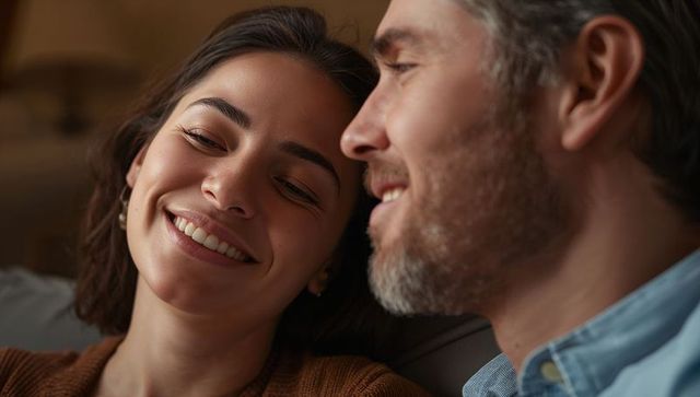 Couple leaning close and sharing warm smile on couch during cozy evening