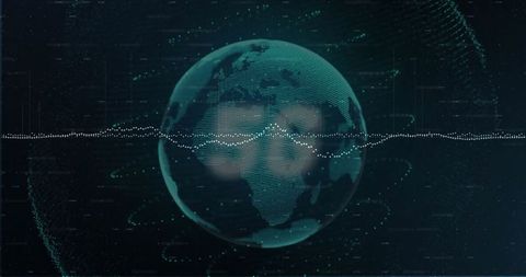 Futuristic Teal Wireframe Globe with Data Waveforms