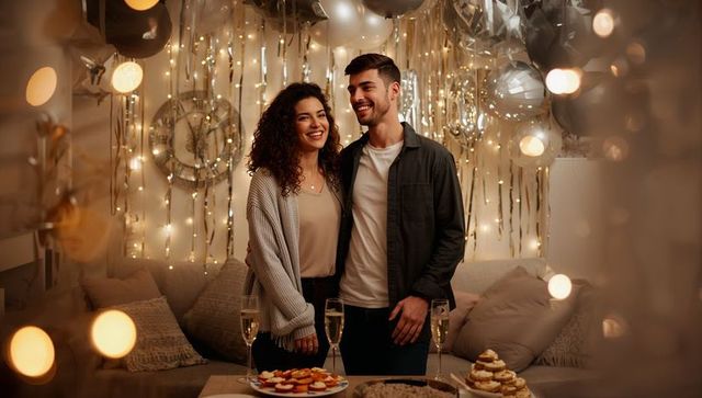 Cozy romantic couple celebrating at home with fairy lights, balloons, champagne