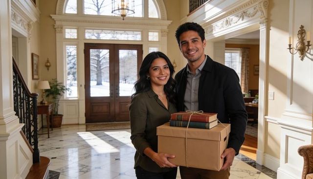 Smiling young couple holding moving box tied with twine and vintage books in grand foyer