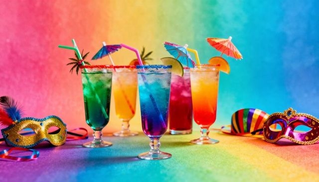 Rainbow tropical cocktails with masquerade masks and mini umbrellas, festive flatlay