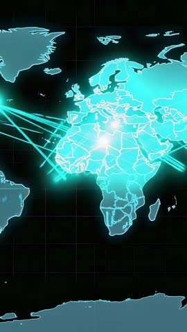 Vertical video mapping teal network nodes and pulsing connection lines across Europe and Africa