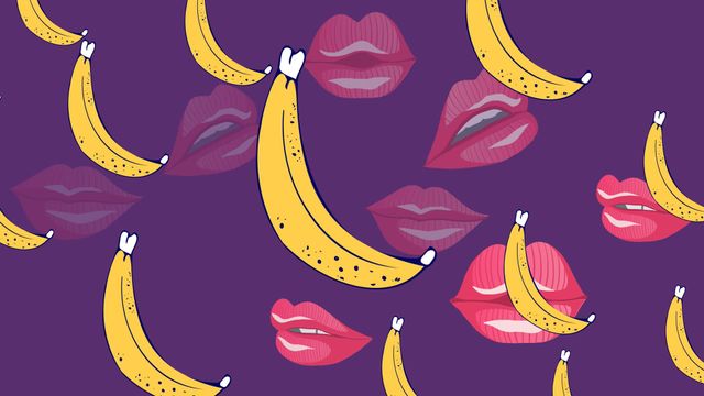 This pop art illustration features bananas and lips on a bold purple background. The playful and vibrant graphic is designed for modern and fashionable projects. Ideal for digital interfaces, clothing designs, wall art, social media content, and marketing materials related to fun and trendy themes.