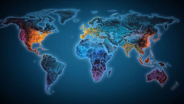 Neon world map showing glowing coasts and city lights on dark blue tech background with digital bord