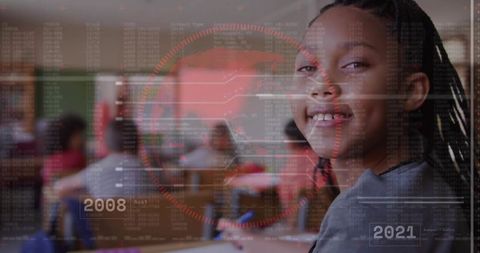 Smiling female student at desk with futuristic HUD overlay showing 2008 and 2021