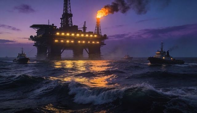 Offshore oil platform emitting fiery flare at dusk with tugboats on choppy ocean