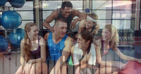 Friends Sharing Post-Workout Laughter in Gym with Financial Data Overlay