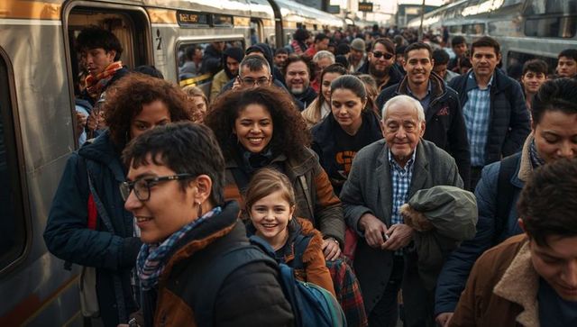 Rush-hour commuters flowing through crowded train platform with backpacks and winter coats