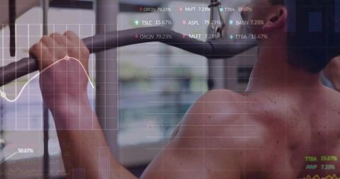Shirtless athlete pulling up on bar showing back muscles with fitness analytics overlay