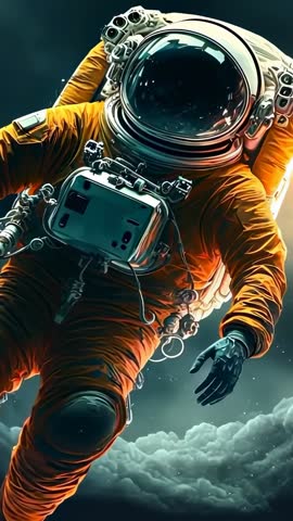 Drifting Astronaut in Orange Suit Turning Above Lit Clouds | Futuristic Vertical Space