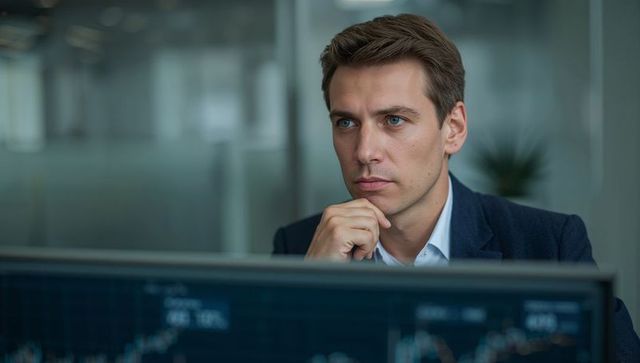 Focused financial analyst studying live stock charts on monitors in corporate office