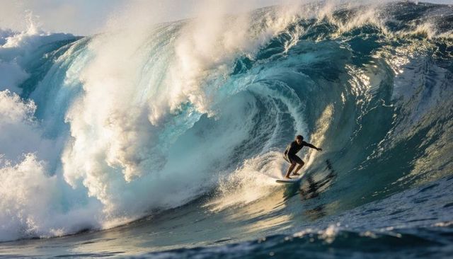 Surfer Riding Barrel of Massive Turquoise Wave at Dawn, Shortboard Wetsuit, Sunlit Spray, Big Wave A