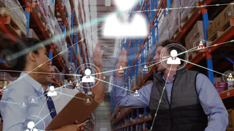 Warehouse Supervisors Celebrating Team Success with Digital Network Overlay