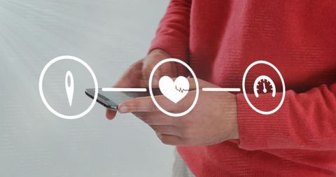 Man Chatting on Smartphone with Digital Health Icons Overlay