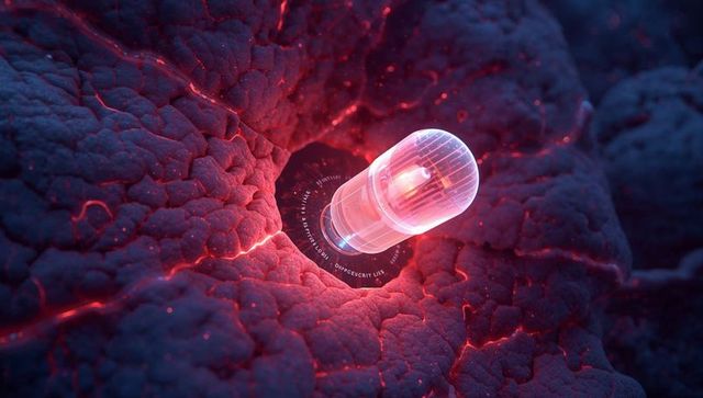 Glowing translucent capsule landing on cracked alien surface with holographic data ring