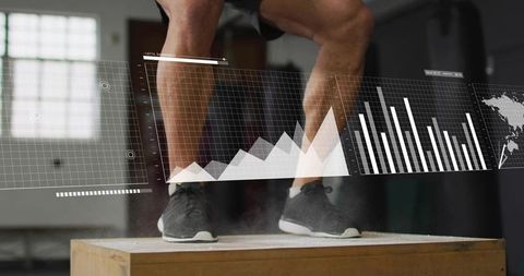 Jumping athlete performing plyometric box jump with digital performance metrics overlay