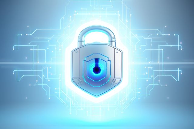 Glowing padlock with circuit board on blue background, created using generative ai technology. Online internet cyber security, computing and data processing concept digitally generated image.