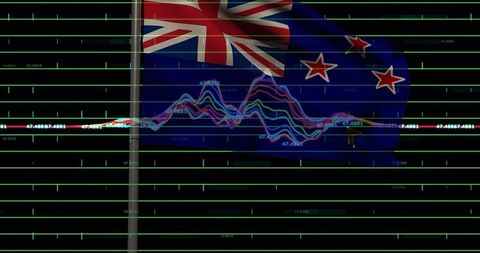 New zealand flag with data graph overlay symbolizing market trends