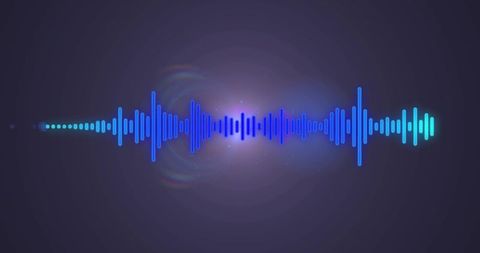 Pulsing neon audio waveform glowing on dark background with gradient bars and lens flare