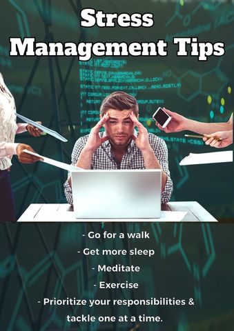 stressed businessman surrounded by stress management tips - Download Free Stock Templates Pikwizard.com