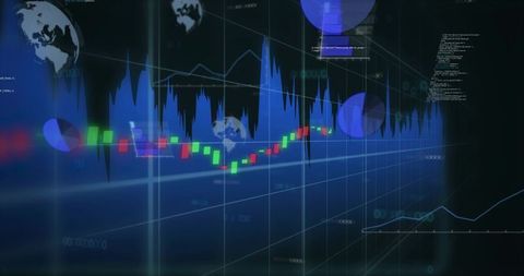 Holographic trading dashboard showing candlestick and area charts with global market data